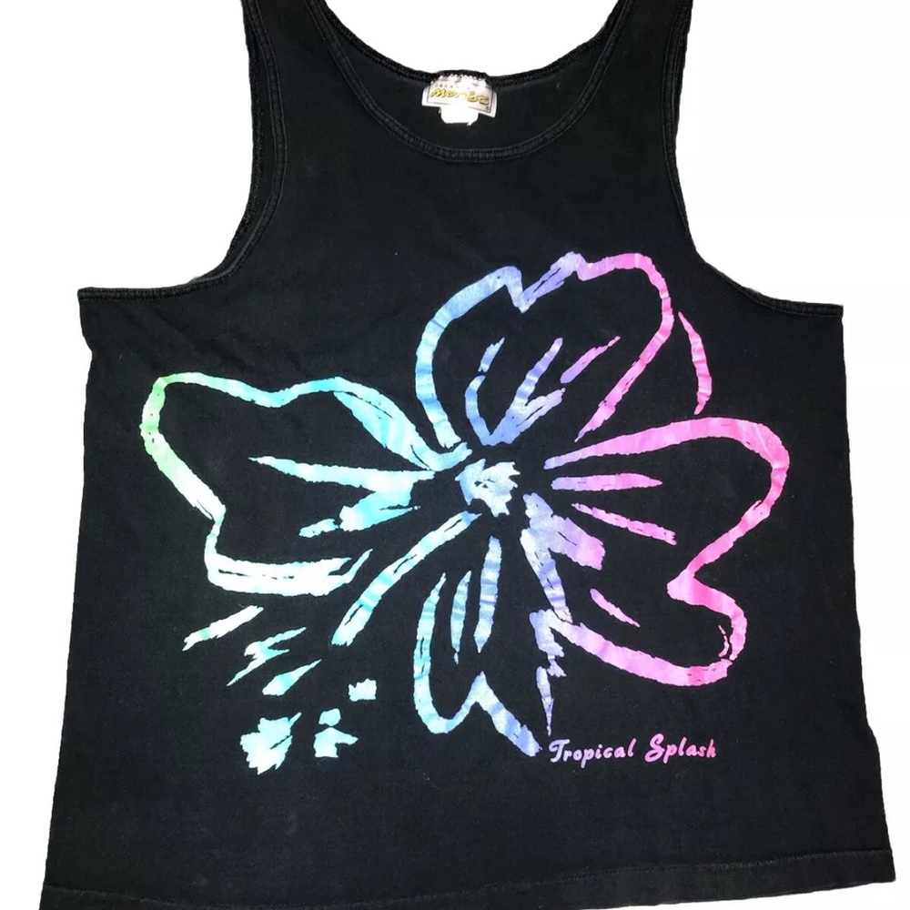 ☀️$5 sale Pink and Black Hibiscus cotton Tank Top with Artistic Design vintage